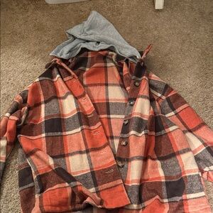 SHEIN orange and Black Plaid Jacket with Gray Hood